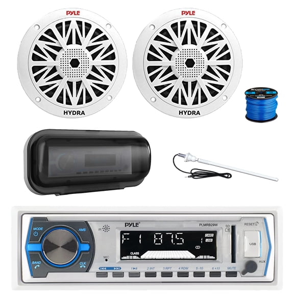 Pyle PLMRB29W Marine Single DIN Bluetooth MP3 Stereo Receiver, Radio Cover, 2x 6.5" 200 Watt Peak Full Range 2-Way Waterproof Audio Speakers w/Wire, Long Range Antenna