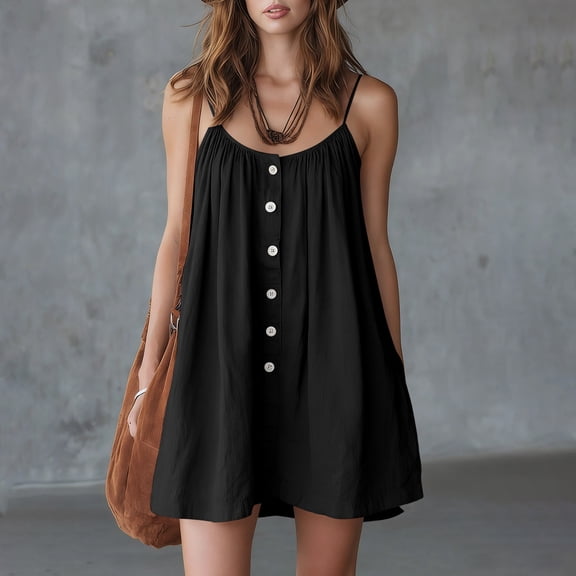HBYJLZYG Women's Sleeveless Summer Mini Dress, Button-Front with Gathered Neckline, Relaxed Flowy Fit with Side Pockets, Casual Vacation Beachwear, Cotton Linen Blend