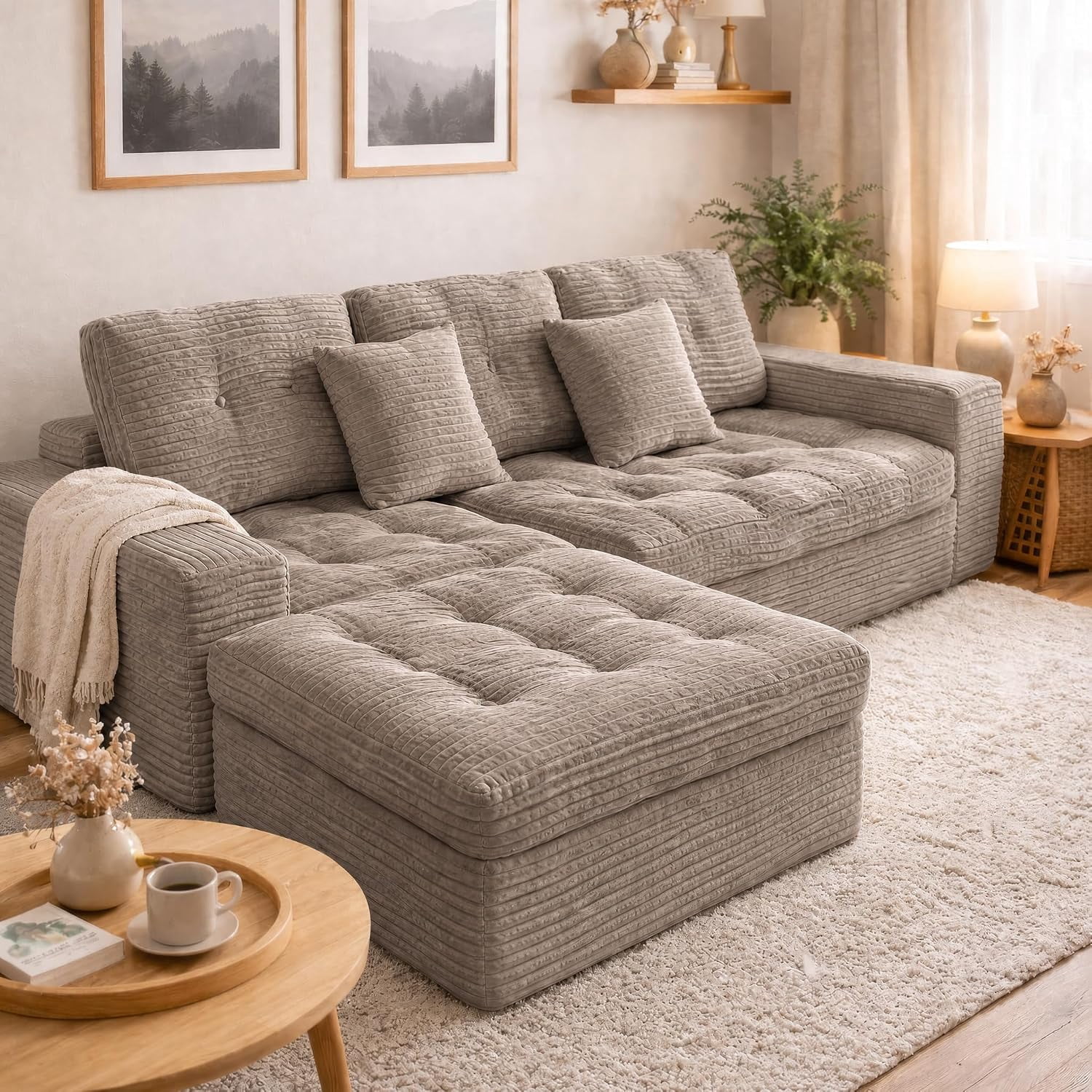 105" Modular Cloud Sectional Sofa with Ottoman, Faux Rabbit Fur Velvet, No Assembly Required, Khaki