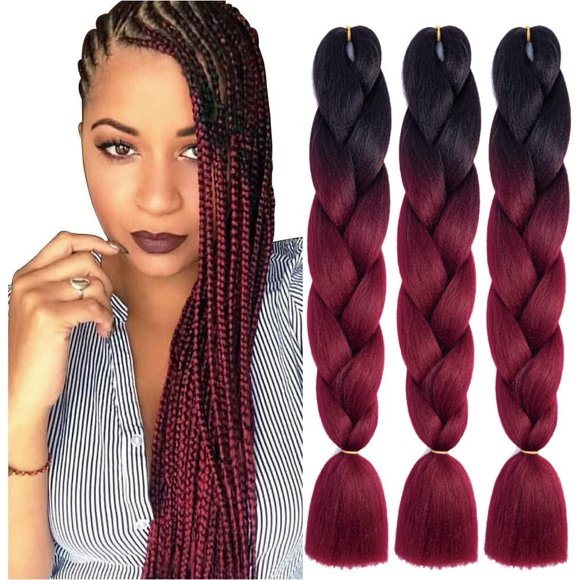 shiyou-Ombre Black to Wine Red Braiding Hair Extensions for Women 3 Packs 100g/Pack 24Inch High Temperature Ombre Jumbo Synthetic Braiding Hair for Twist Crochet Braids (B8)