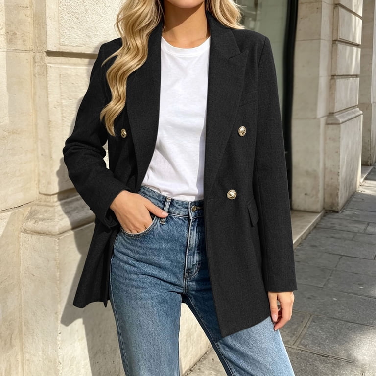 Avtoify Womens Causal Jacket Turn Down Collar Long Sleeve Double ...