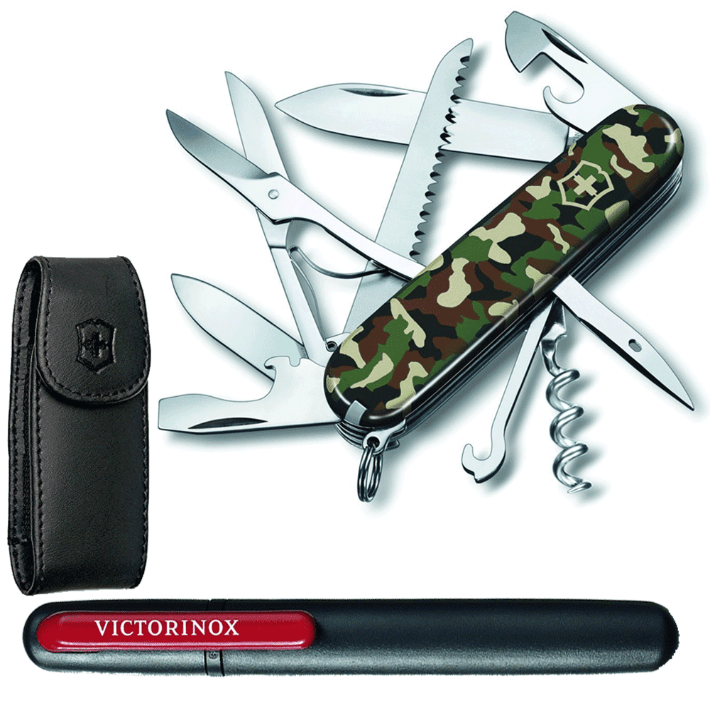 Victorinox Swiss Army Huntsman Pocket Knife + Leather Pouch + Pocket Knife Sharpener Top Value