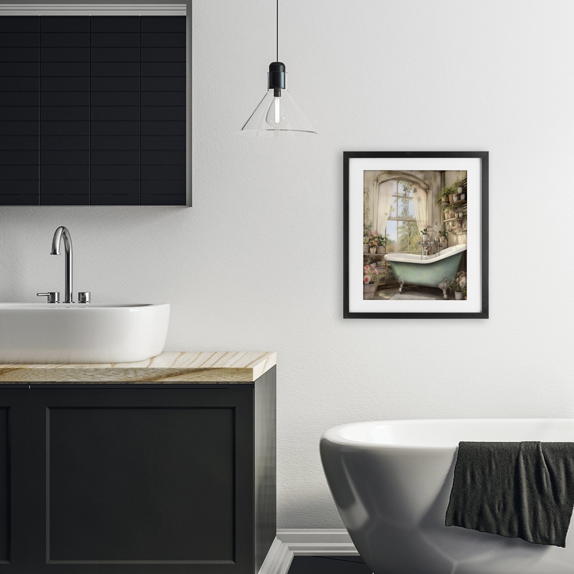 Bathroom with Floral Filled Shelves Black Framed Print Under Glass, design by Lettered and Lined