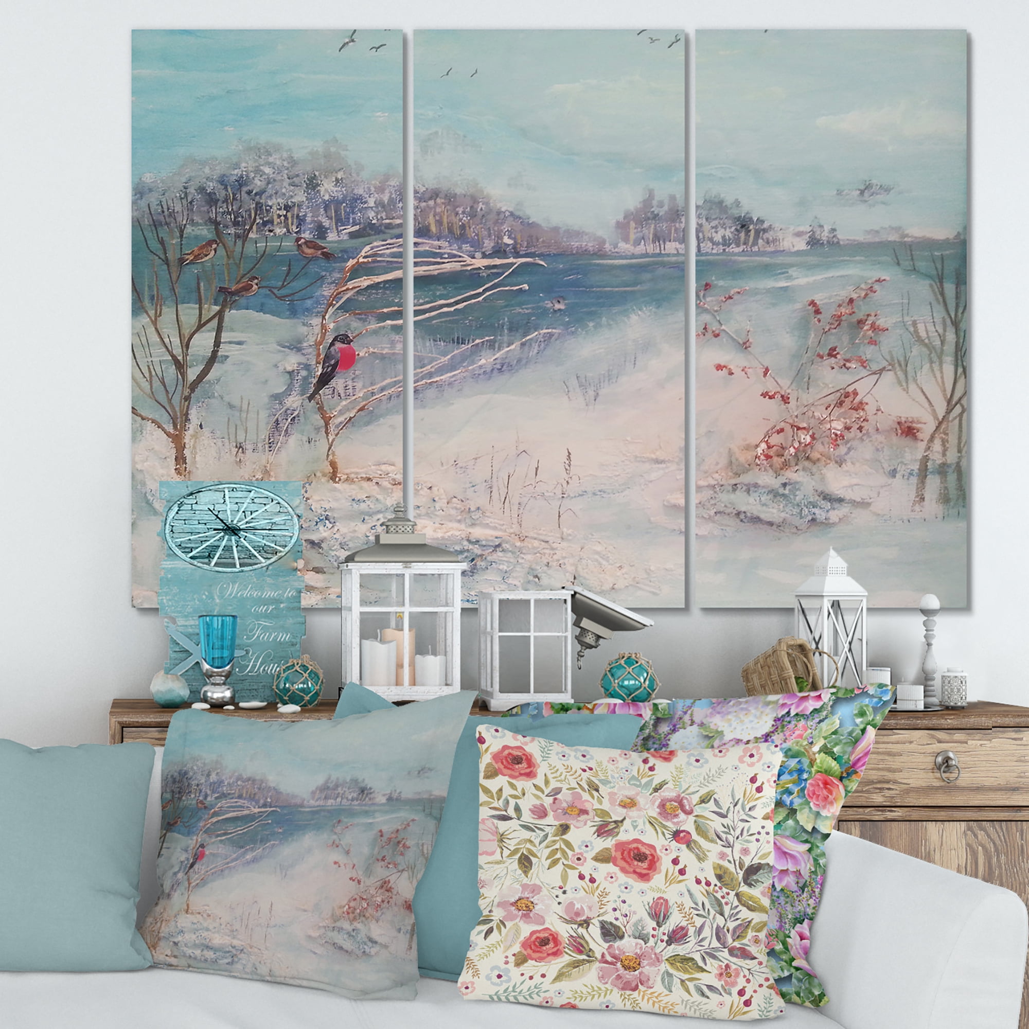 Designart ' Birds and Winter Trees By River ' Lake House Canvas Wall Art Print