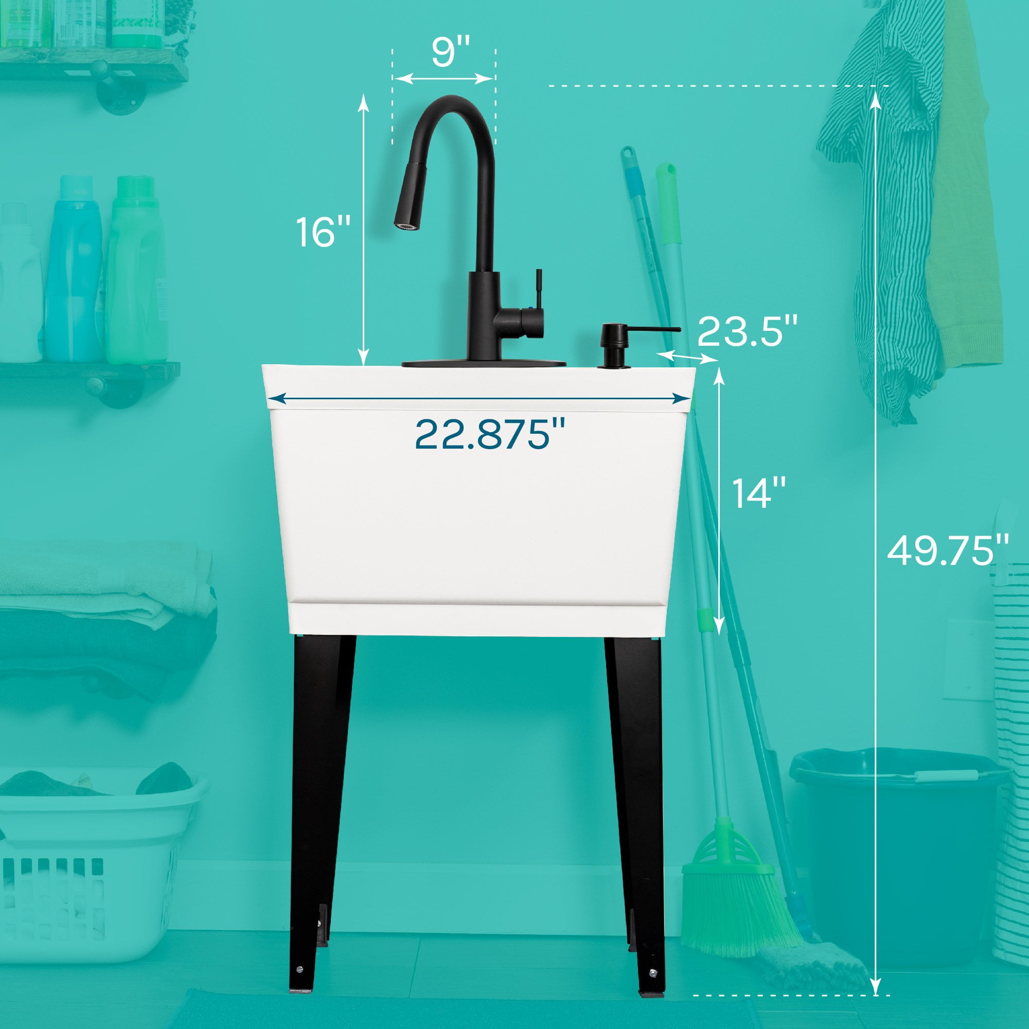 TEHILA White Freestanding Floor Mount Utility Sink with Black High-Arc Faucet for Laundry Room