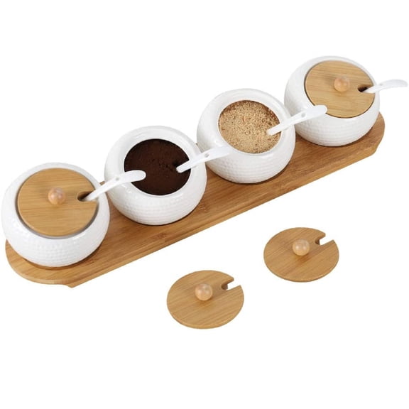 NEX White Ceramic Sugar Bowls, Set of 4 with Bamboo Lids and Spoon