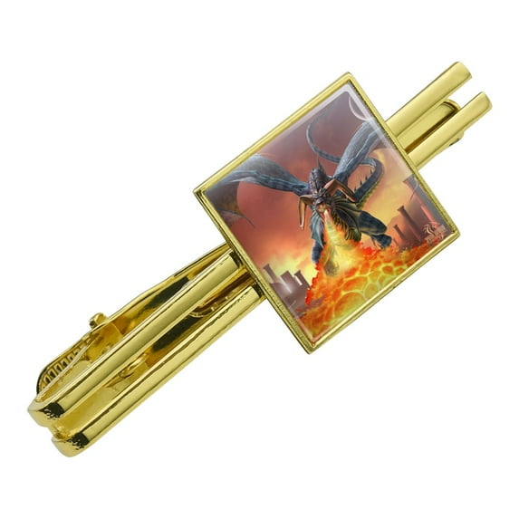 Flying Dragon Fire Breathing Fantasy Square Tie Bar Clip Clasp Tack- Silver or Gold