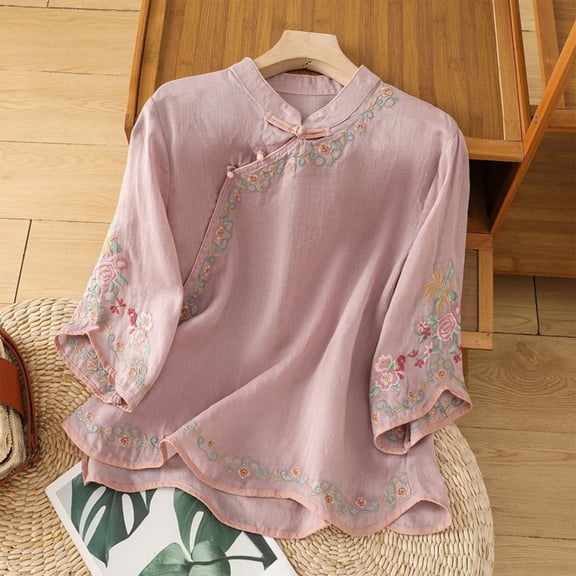 Zysthvn Embroidered Tops for Women Plus Size Cotton Blend Casual 3/4 Sleeve Women T Shirt Solid Button Chinese Style Crew Neck