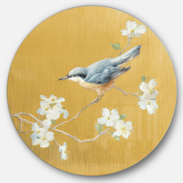Designart 'Gold Bird on Blossoms II' Farmhouse Metal Circle Wall Art