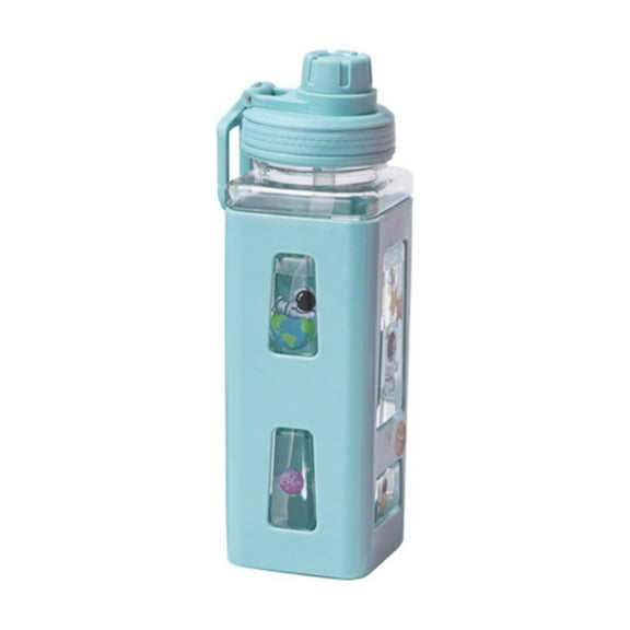 Dienrx 600Ml Cyan Square Double-Layer Sports Water Bottle - Leak-Proof Kawaii Plastic Tumbler | with Decorative Stickers for Travel, Sports, Young Adults, Fitness Enthusiasts, Trendy Users