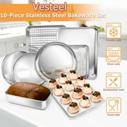 10 Piece Baking Pans Set, Vesteel Stainless Steel Bakeware Set for Oven, Include Cake Pan/Baking Cookie Sheet/Pizza/Muffin/Loaf Pan, Non-Toxic & Heavy Duty, Dishwasher Safe