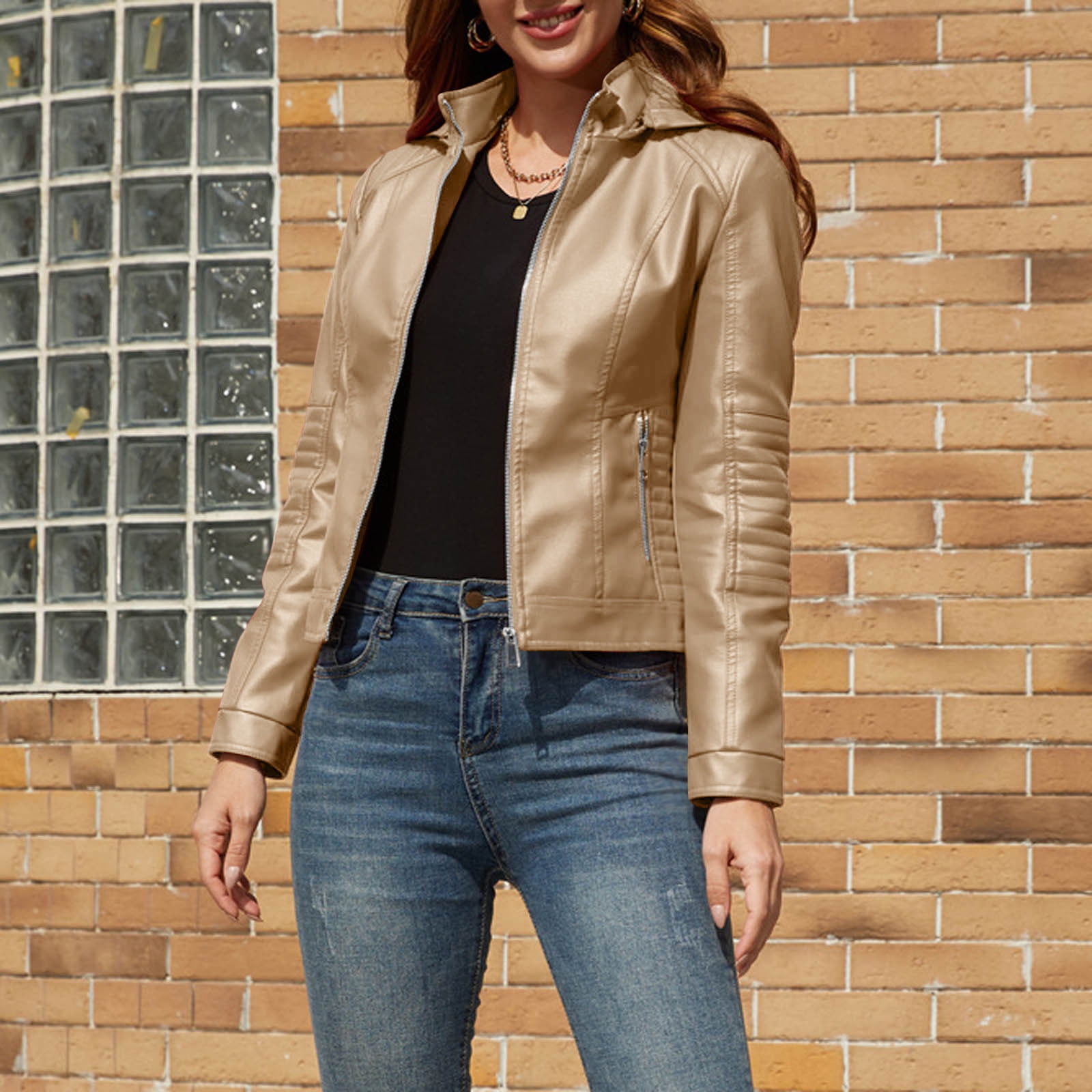 IROINNID Women's Faux Leather Jacket Long Sleeve Front Zip Pocket Biker Moto Jacket,Khaki