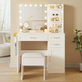 Cottinch Vanity Desk with LED Lighted Mirror and 2 Drawers 1 Cabinet 3 Storage Shelves 3 Color Makeup Dressing Table for Bedroom White