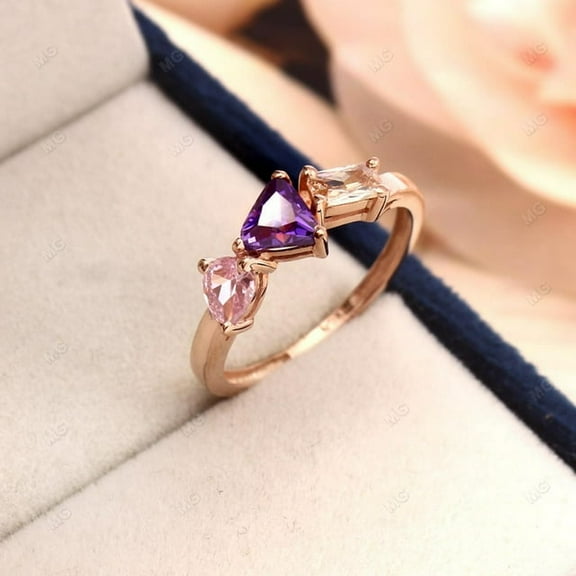 Amethyst , Morganite ,Sapphire Ring 3 Stone Ring Pink Gemstone Trillion Cut Ring Engagement Ring Sterling Silver Ring Wedding Gifts.