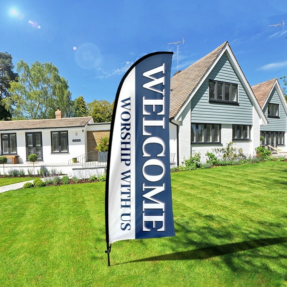 QSUM Welcome Sign Feather Flag with Pole Kit,7FT Welcome Decoration Display, Welcome Business Sign,Welcome Swooper Flag，Advertising Flag