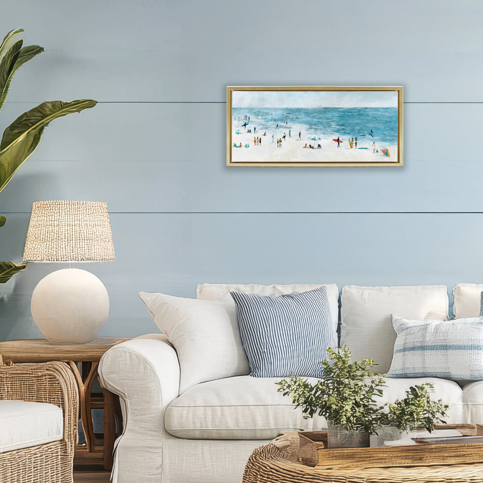 Stupell Industries Busy Beach Coastal Scene Gold Framed Floater Canvas Wall Art, design by Lorenzo Collective