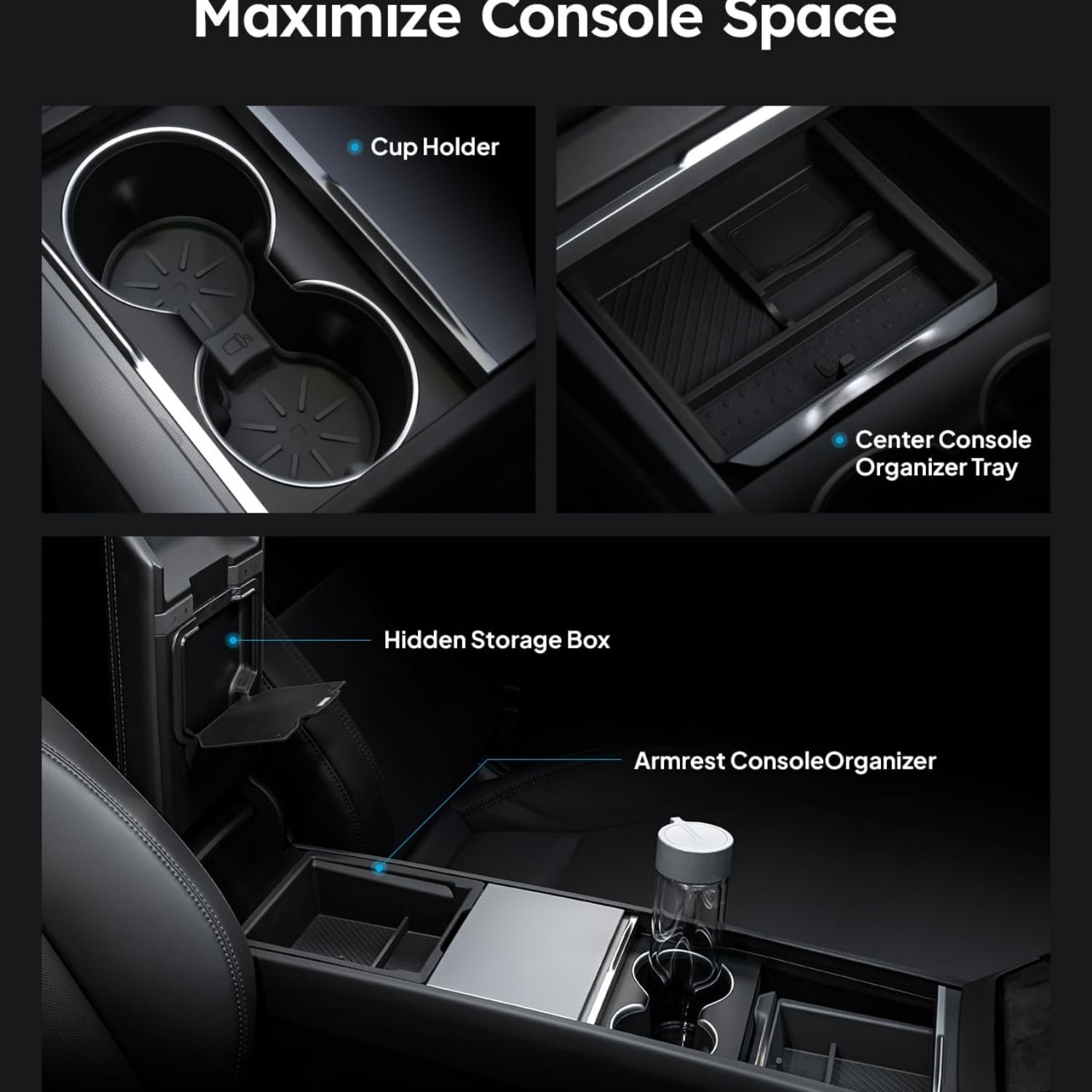Tesla New Model Y Juniper & Model 3 Center Console Organizer [Double Layer Space, Slide Smoothly] Model 3 (2024~2025)/New Model Y Juniper Accessories, 4PCS Black