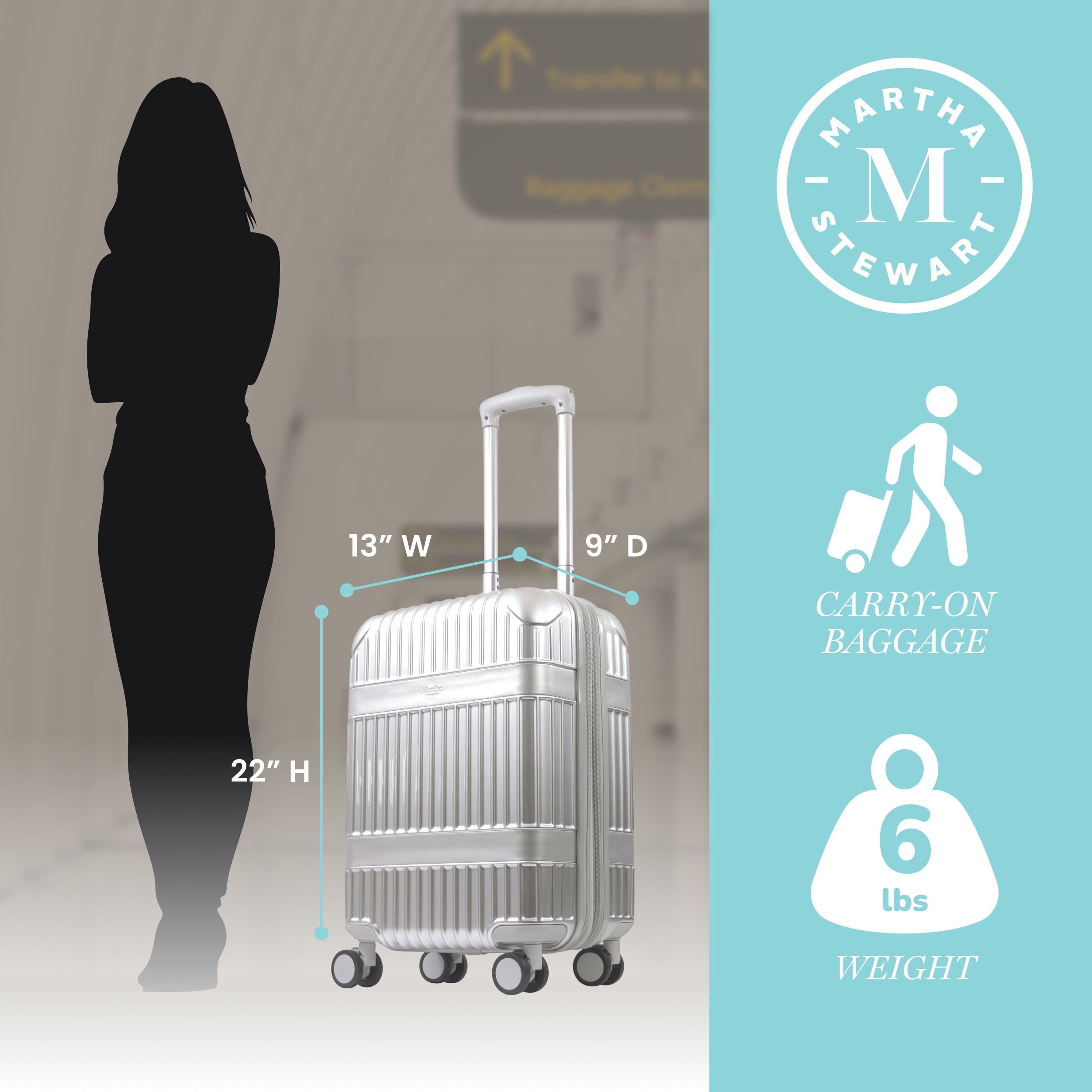 Martha Stewart The Bedford 22 Inch Carry On Luggage, Hardshell Rolling Suitcase with Spinner Wheels, Silver