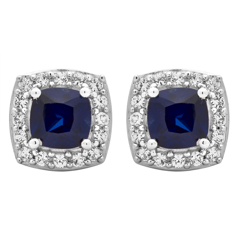 Created Blue and White Sapphire Sterling Silver Halo Stud Earrings