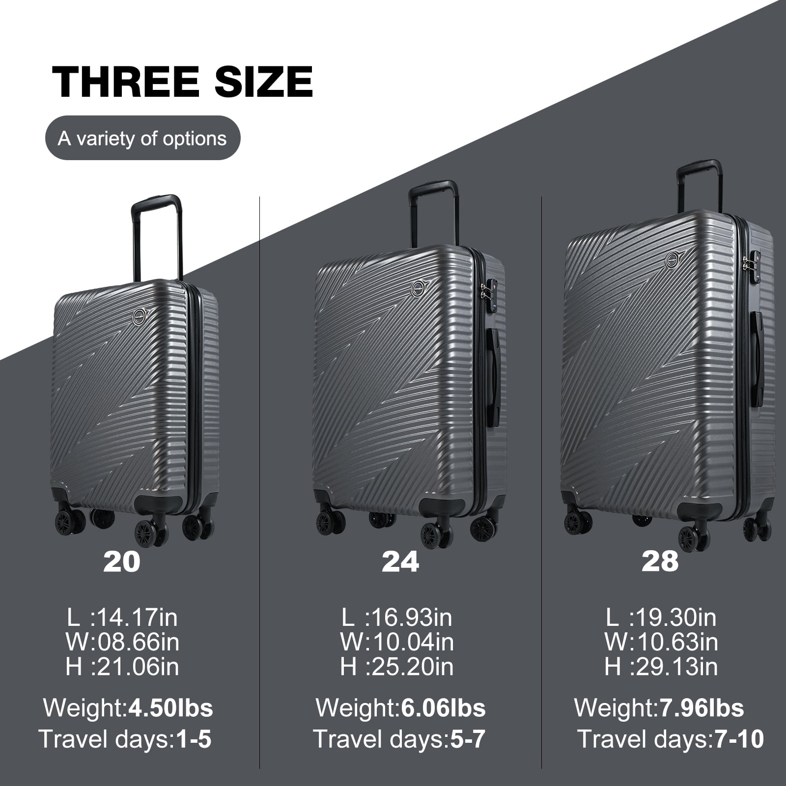 Tripcomp Luggage 3 Piece Set,Suitcase Set with Spinner Wheels Hardside Lightweight Luggage 20in24in28in.(Dark Grey)