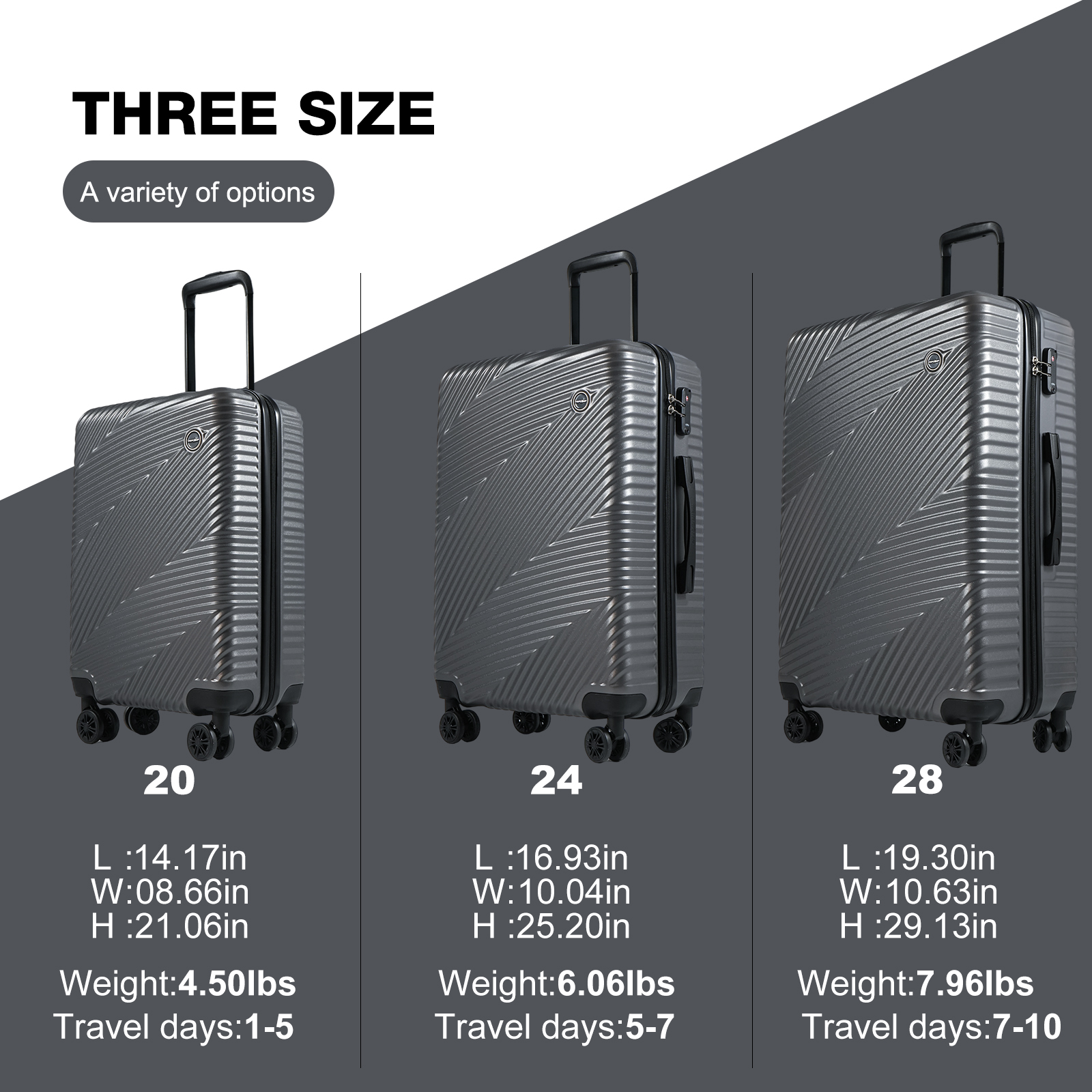 TRIPCOMP 3-Piece Hardside Luggage Set with Spinner Wheels and TSA Lock, Dark Grey photo 4