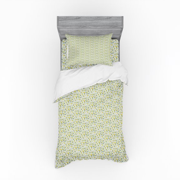 Ambesonne Flower Bedding Set 3 Pcs, Flourishing Country Flowers, Twin XL, Green Yellow and Cream