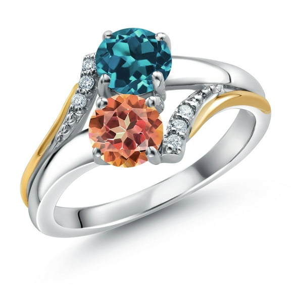 10K Yellow Gold and 925 Silver Ecstasy Mystic Topaz and London Blue Topaz and White Lab Grown Diamond Accent Engagement Ring for Women (1.73 Cttw, Gemstone November Birthstone, Round 5MM, Size 6)
