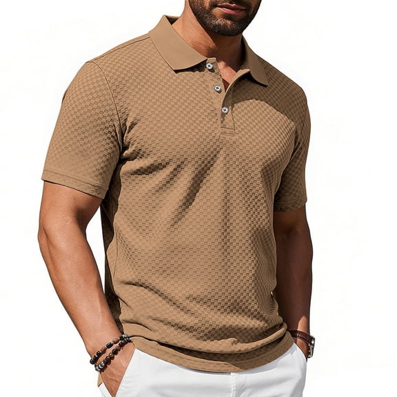 Dxzfnsa Men's Textured Knit Shirts Summer Men Casual Short Sleeve Vacation Pullover Tops Loose Button Lapel Collar Beach Knit Stretchy Golf Shirts