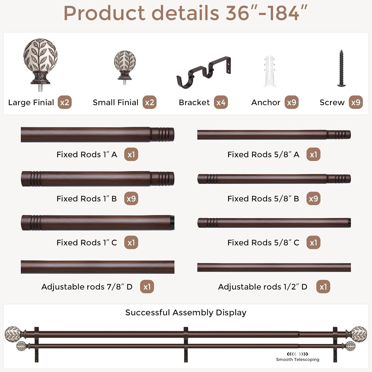 Walnut Wood Double Curtain Rod 36-184 Inch, Boho Decorative Extra Long Dual Curtain Rods for Windows, 1 Inch Adjustable Heavy Duty Double Rod with Handmade Imitation Wood Grain Leaf Finials