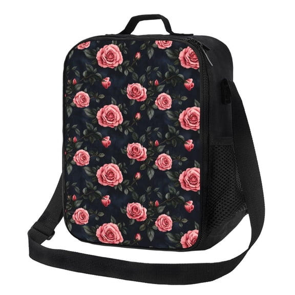 Pink Rose Lunch Bag Insulated Thermal Lunch Box with Shoulder Strap & Handle for Women and Men