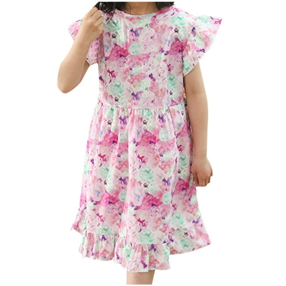 QTOCIO Toddler Girls Dresses, Baby Girl Clothes, Fashion Girls' Summer New Short Sleeve Ruffled Pockets Round-Neck Printed Dress, Pink, 4 Years