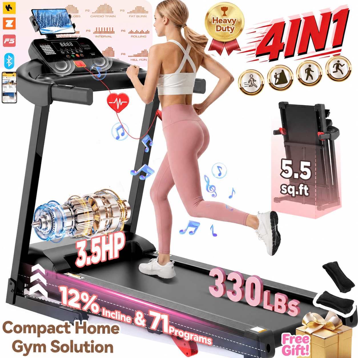 3.5HP Treadmill for Home, Foldable with 12% Incline, Free Courses, 71 Training Programs, APP Connectivity & Bluetooth Speakers, 300 lbs Capacity, 7.5MPH, Walking Jogging Exercise Machine, Knee Strap