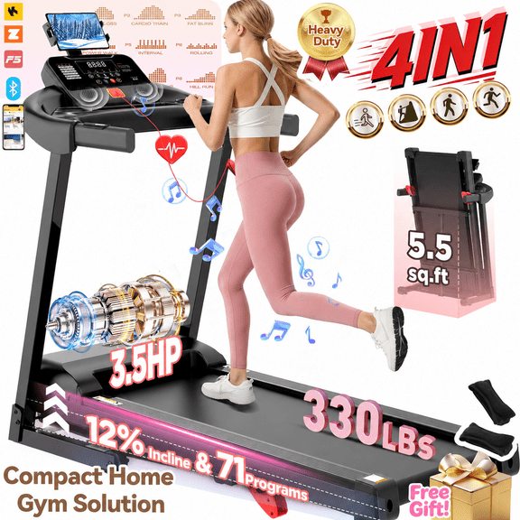 3.5HP Treadmill for Home, Foldable with 12% Incline, Free Courses, 71 Training Programs, APP Connectivity & Bluetooth Speakers, 300 lbs Capacity, 7.5MPH, Walking Jogging Exercise Machine, Knee Strap