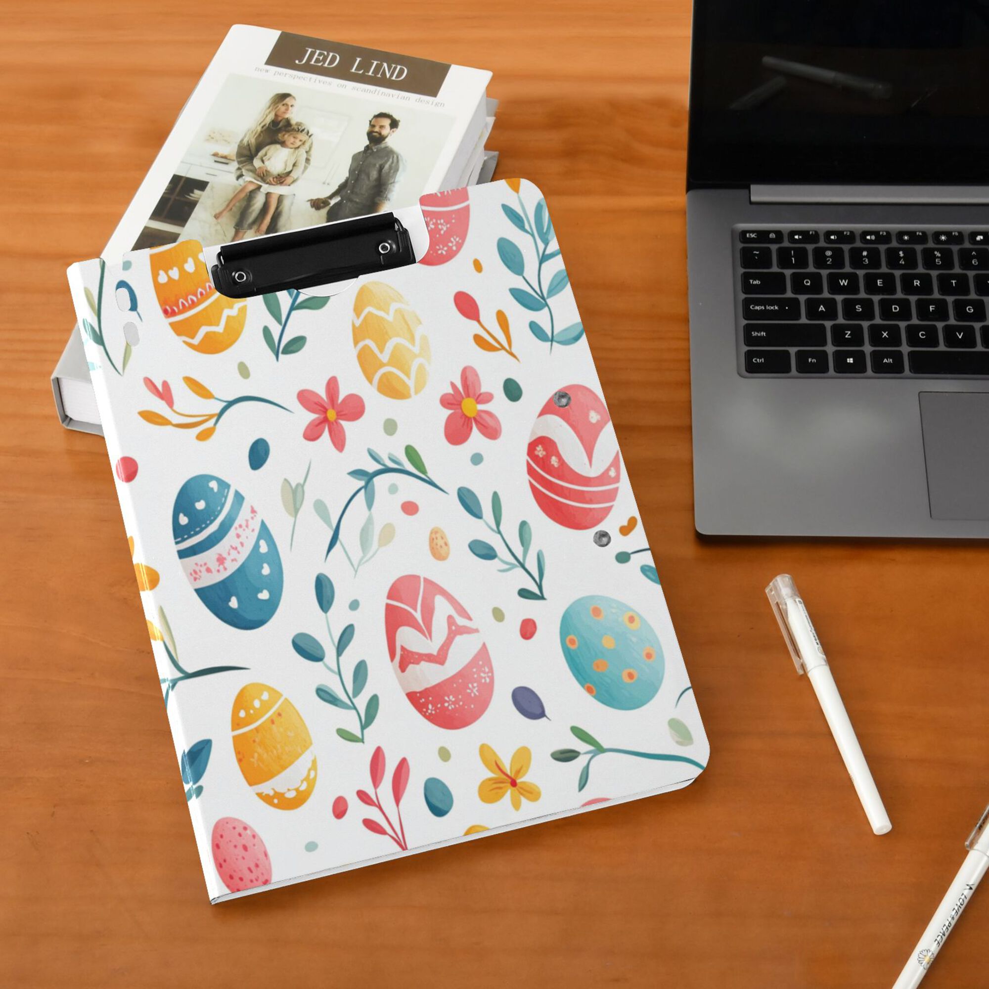 FORMRS A4 Clipboard Folder with Pen Holder Horizontal Foldable School Office Binder, Cute Easter Eggs