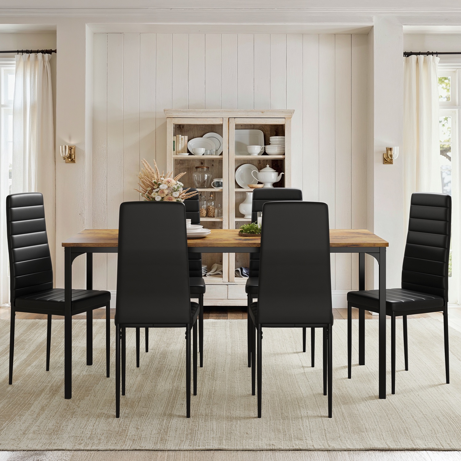 Lofka 7 Piece Wooden Kitchen Table and Chairs Set with 6 Upholstered PU Leather Chairs for Dining Room, Living Room, Apartment, Small Space,Brown