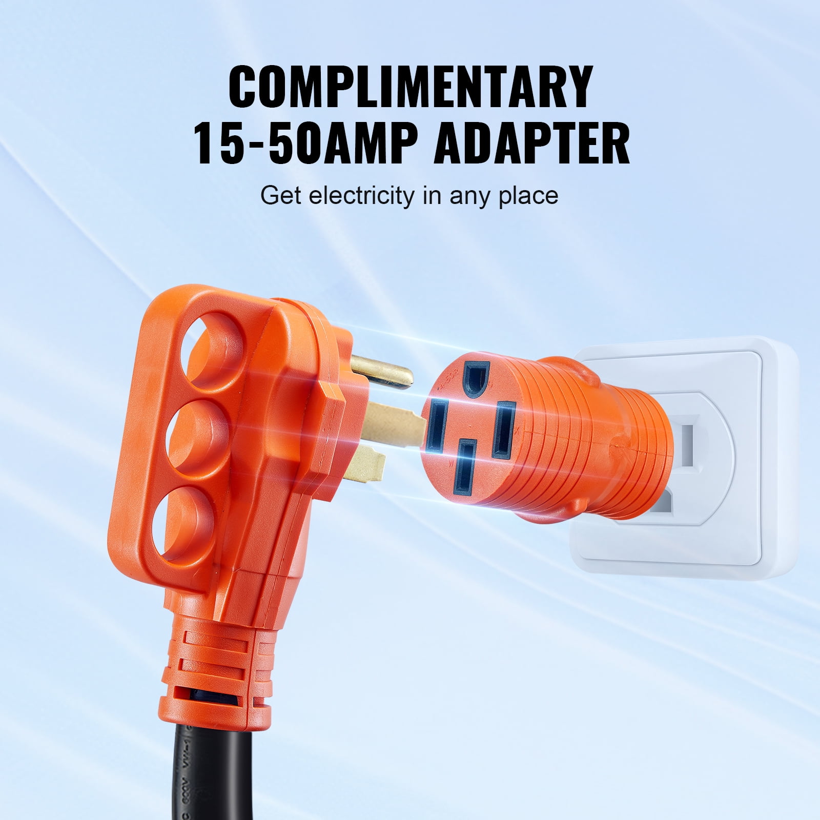 KFFKFF RV Extension Cable, 50 Feet, 50 Amp, Robust STW RV Electrical Wire, NEMA 14-50R Female NEMA 14-50P Male Connector, LED Indicator Handle 15A Adapter Included, Suitable for RVs, Trams