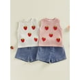thumbnail image 4 of Loicainy Toddler Baby Girl Summer Shorts Outfits Set 6 12 18 24 Months 2T 3T 4T 3D Knit Strawberry Tank Tops and Denim Shorts 2 Piece Clothes Sets, 4 of 10