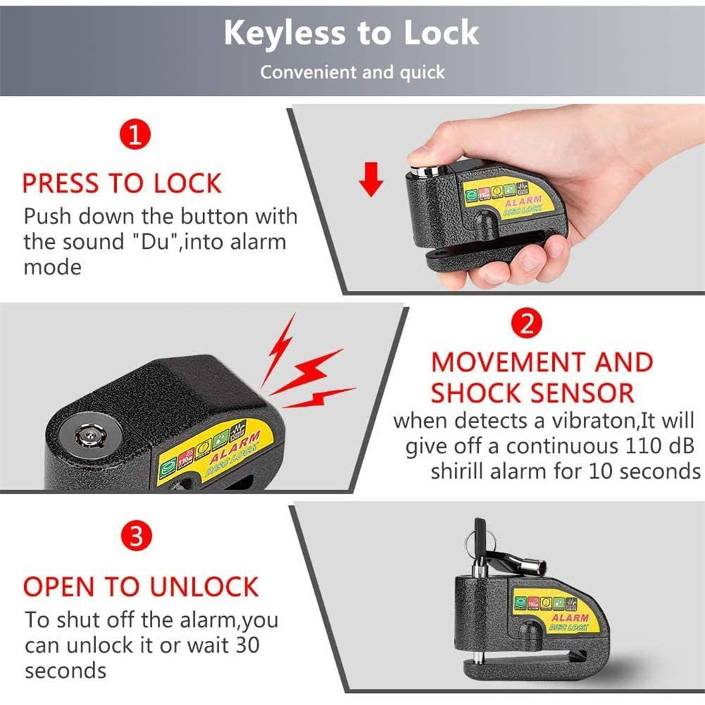 Xl-Kang Alarm Disc Lock Motorcycle Disc Brake Lock Anti-Theft Waterproof 110 dB 7mm Pin for Motorcycles Bike Scooter Carry Pouch (Black)