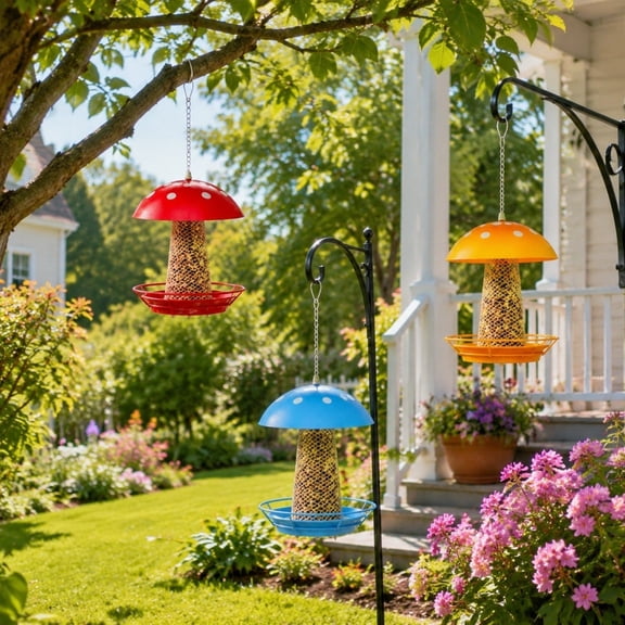 Mushroom Hanging Metal Mesh Bird Feeder 19.68IN Decorative Wild Bird Seed Feeder Weather Resistant Outdoor Garden Backyard Tree Hanging Ornament for Wildlife Watching