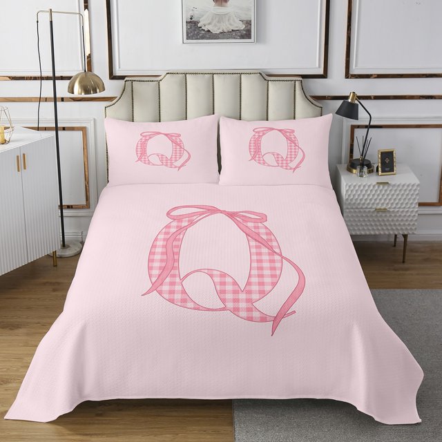 Erosebridal Pink Bow Coverlet Set Queen, Initial Q Bedding Set, Princess Room Decor 3-Piece