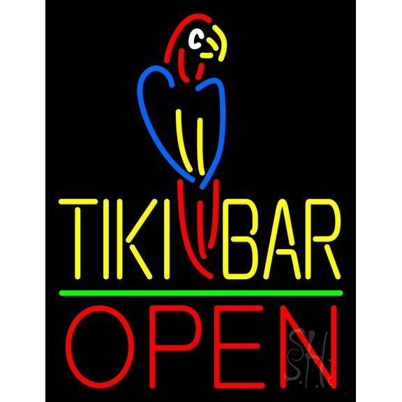 Tiki Bar With Parrot Open LED Neon Sign 24 x 31 - inches, Clear Edge Cut Acrylic Backing, with Dimmer - Bright and Premium built indoor LED Neon Sign for Bar decor.