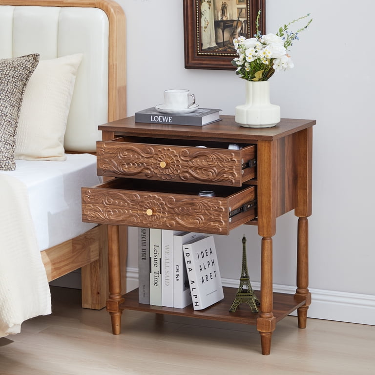 Wirrytor Vintage Wood 2-Drawer Tray Top Navy Blue Nightstand, Bedside Table 2 Drawer Dresser with Embossed Pattern, Storage End Table with Wooden Legs Wirrytor Vintage Wood 2-Drawer Tray Top Navy Blue Nightstand, Bedside Table 2 Drawer Dresser with Embossed Pattern, Storage End Table with Wooden Legs