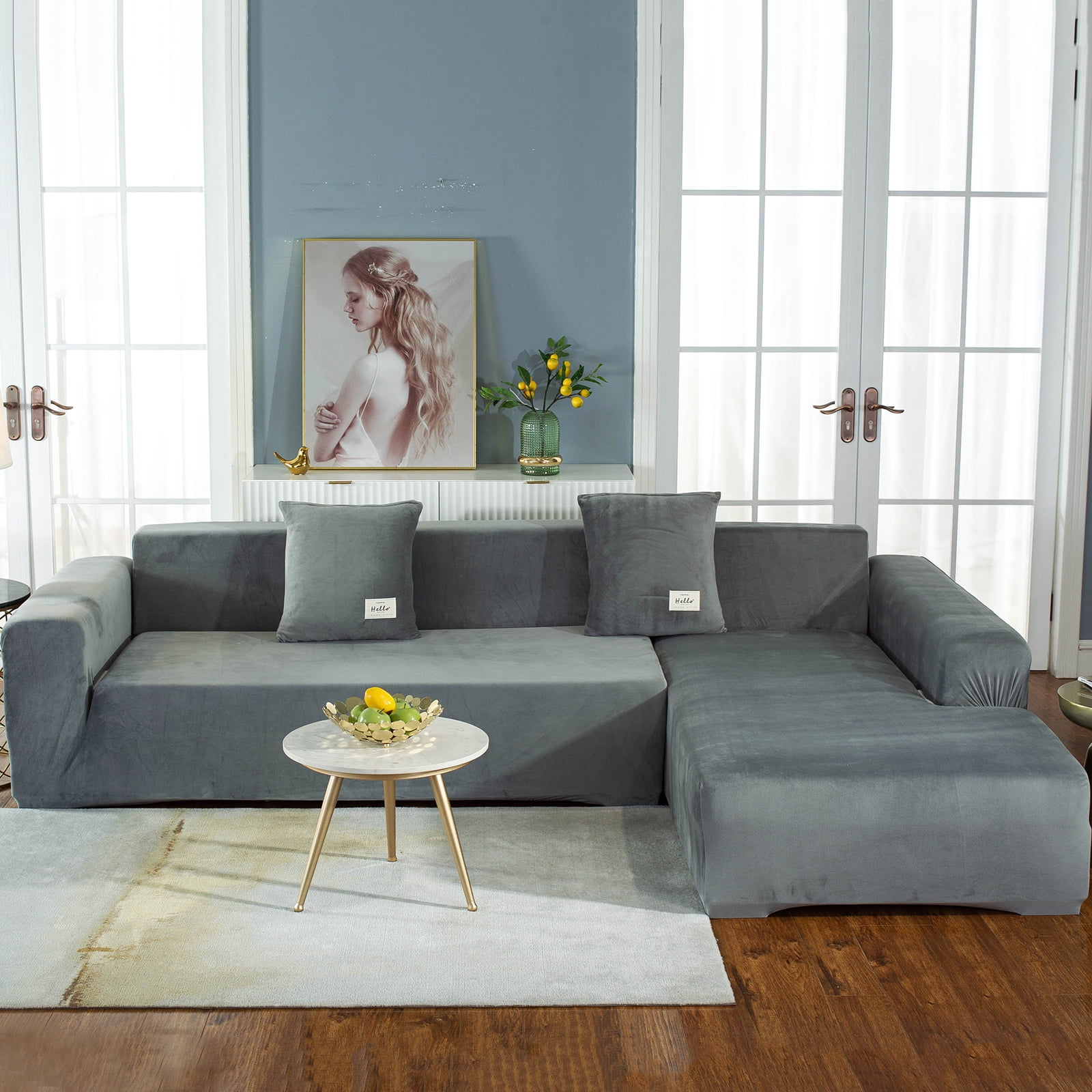 CJC Sectional Couch Covers, Velvet Stretch L Shape Sofa Covers, 2pcs Sofa Slipcovers for 3 + 4 Seaters Sectional Chaise Slipcover for Pets Kids, Grey