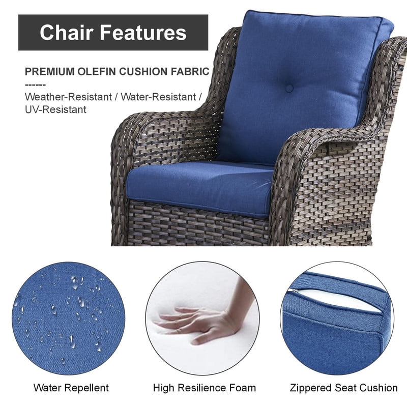 PARKWELL 5 Pieces Patio Furniture 4-Seat Outdoor Conversation Set with 30" 2 in 1 Propane Fire Pit Table and Deep Seat Lounge Accent Armchairs,Gray Wicker and Navy Cushions