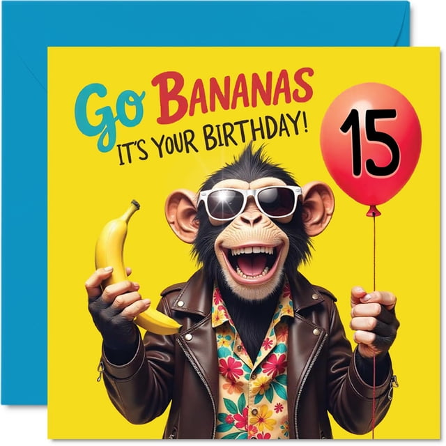 Tarjeta de cumpleaños Stuff4 Monkey Go Bananas para 15 cumpleaños