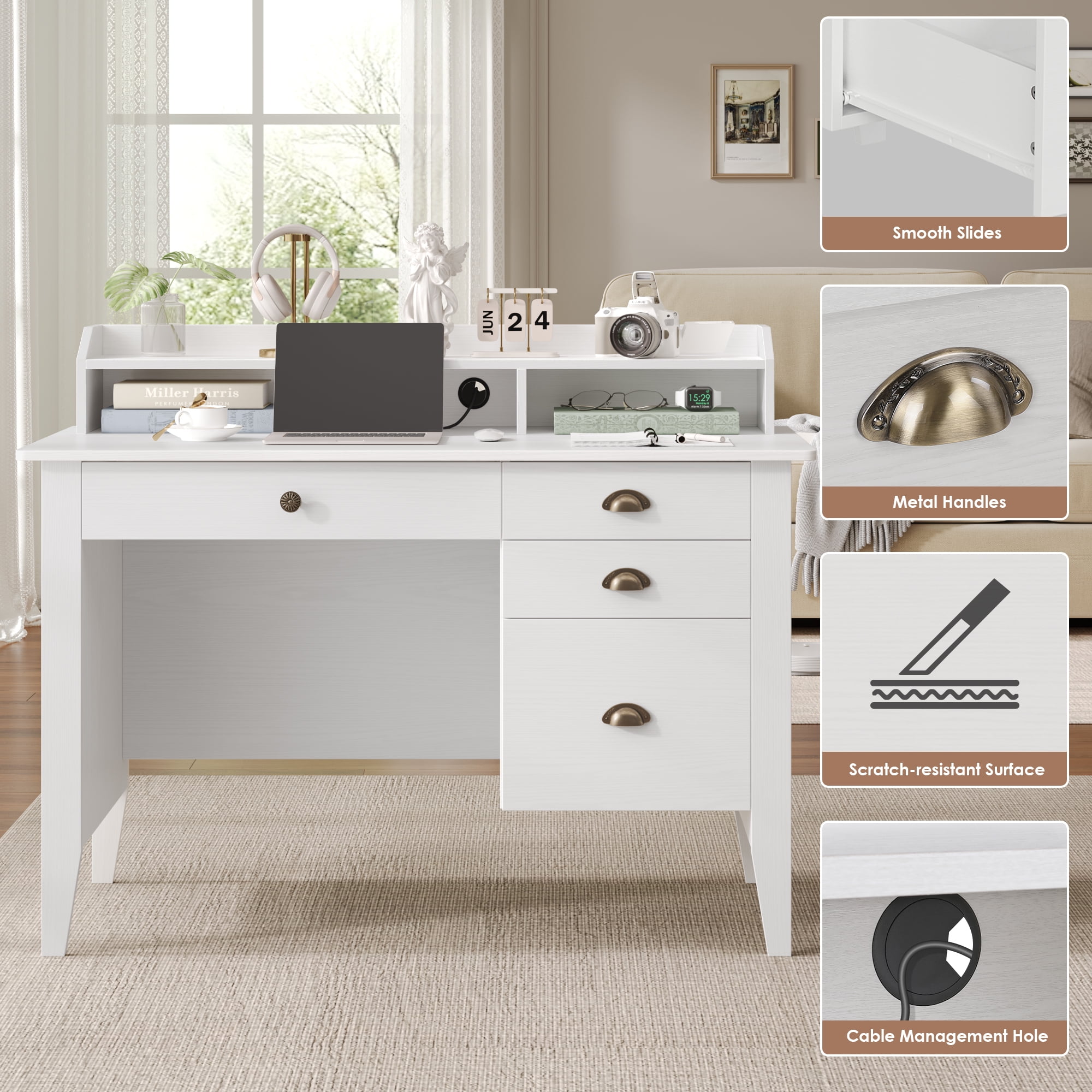 Homfa 47.2 Inch White Computer Desk with Drawers & Cabinet, Home Office Desk with Cable Management, Study Writing Desk for Bedroom Living Room