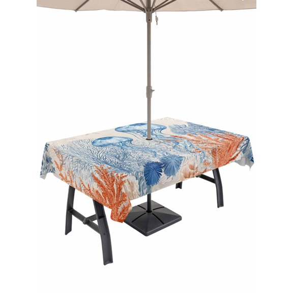 Outdoor Tablecloth with Umbrella Hole for Patio/Picnic/Party/Camping, Blue Coastal Jellyfish Waterproof Table Cloth Rectangle Table Cover Washable, Country Nautical Ocean Creatures (60"x 102")