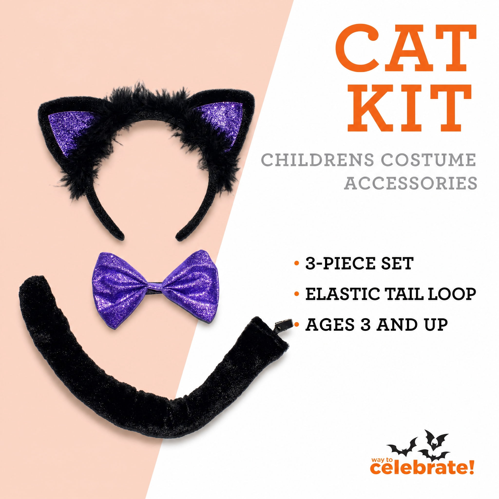 Cat Costume Accessory Kit for Children, Black and Purple, 3 Pieces, Halloween by Way To Celebrate