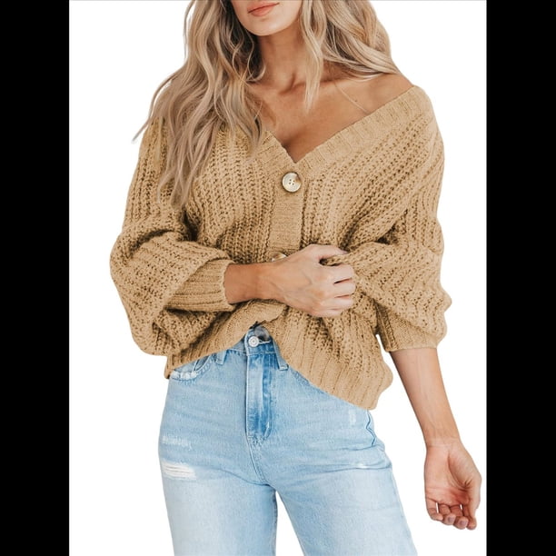 Suéter de Punto Grueso Abierto para Mujer, Larga, Botones, Cárdigan Corto Holgado, Abrigos de Abrigo. Caqui XL