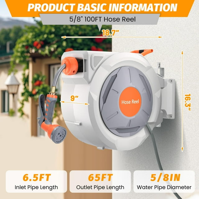 EDTara Retractable Garden Hose Reel, Any Length Lock, Automatic Rewind and Slow Return System, Wall Mounted and 180 Deg Swivel Bracket